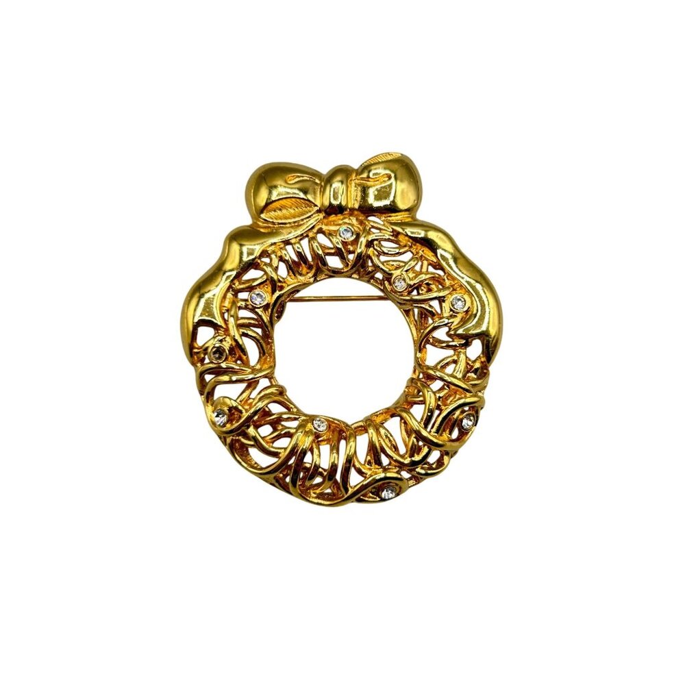 Monet Christmas Wreath Pin Brooch Gold Tone With Rhinestones Holiday Jewelry